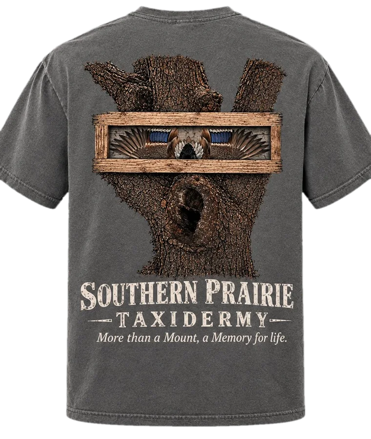 Charcoal Southern Prairie Taxidermy tee, back print with an oak trunk holding a framed open-wing duck