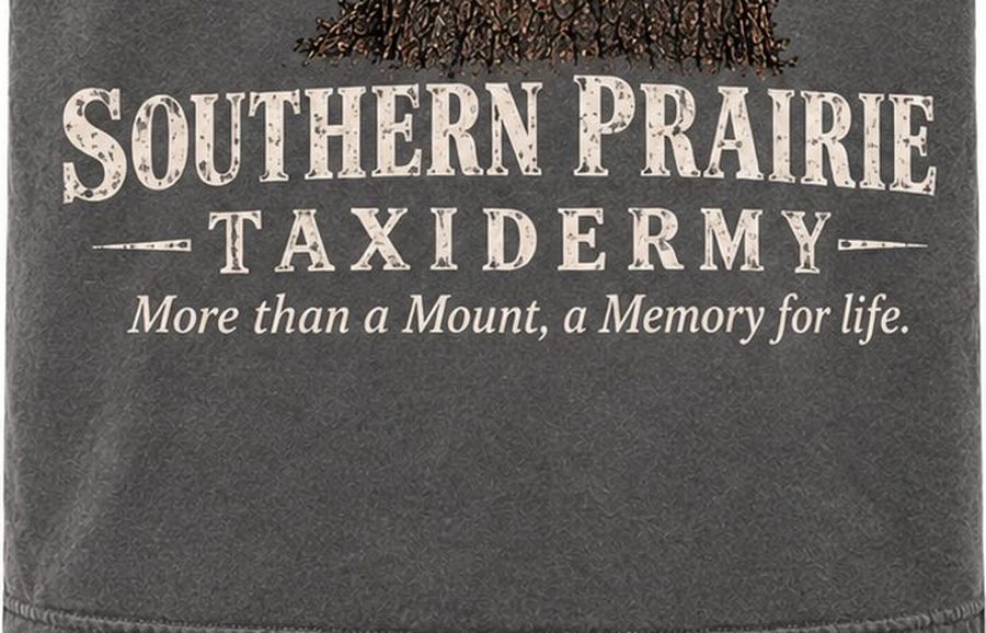Close-up of the Southern Prairie Taxidermy wordmark and tagline on the shirt